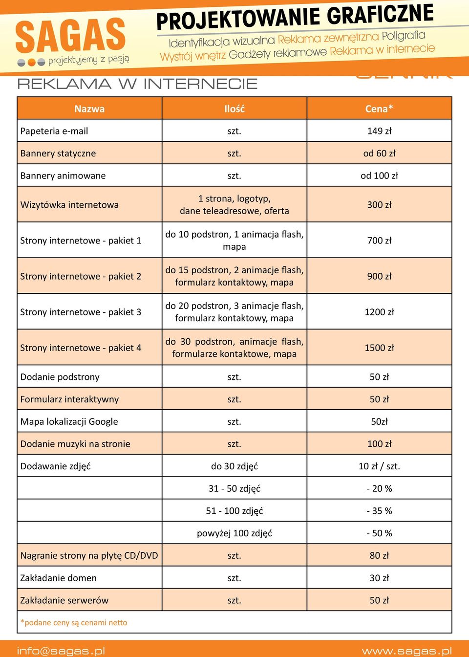 10 podstron, 1 animacja flash, mapa do 15 podstron, 2 animacje flash, formularz kontaktowy, mapa do 20 podstron, 3 animacje flash, formularz kontaktowy, mapa do 30 podstron, animacje flash,