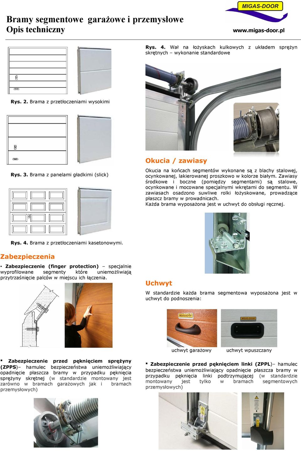 Zawiasy środkowe i boczne (pomiędzy segmentami) są stalowe, ocynkowane i mocowane specjalnymi wkrętami do segmentu.