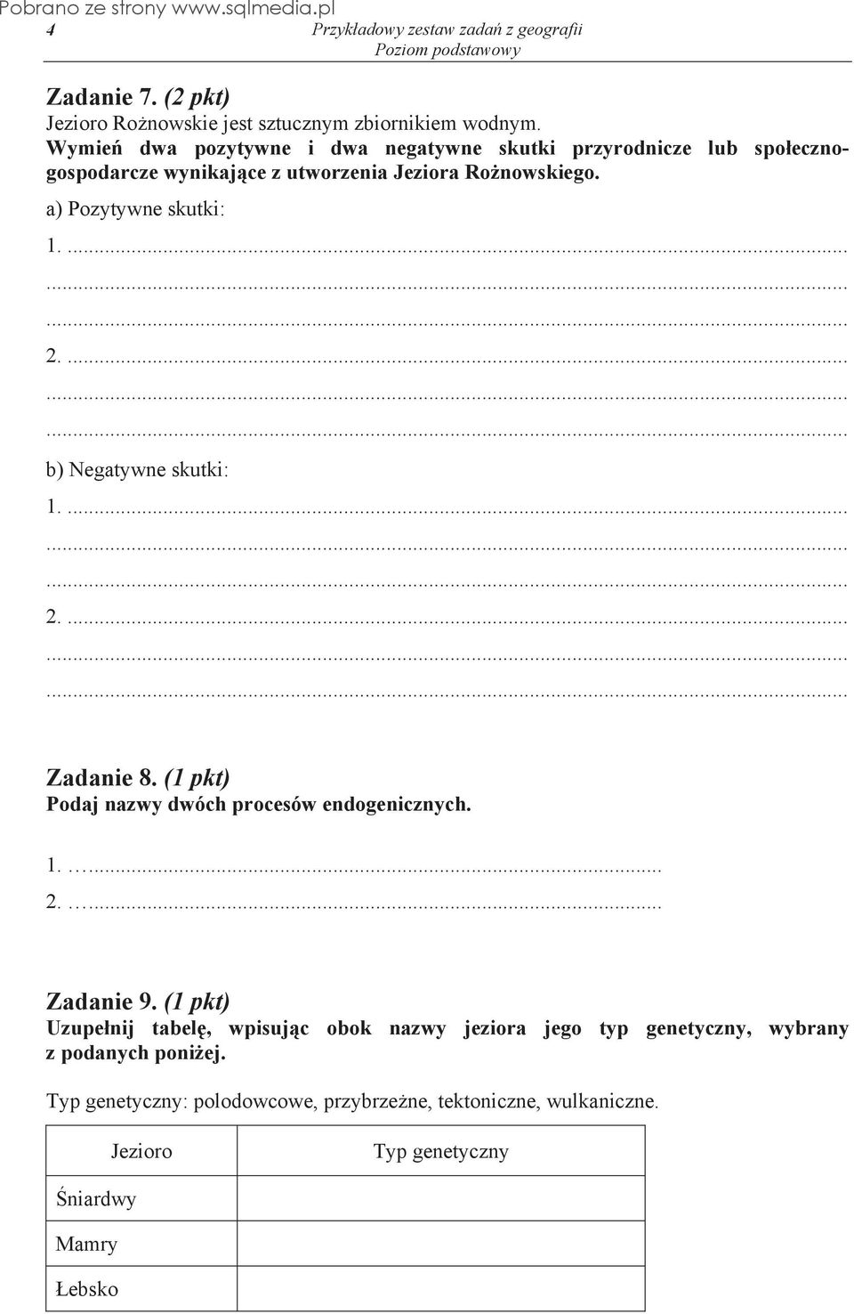 a) Pozytywne skutki: b) Negatywne skutki: Zadanie 8. (1 pkt) Podaj nazwy dwóch procesów endogenicznych. 1.... 2.... Zadanie 9.