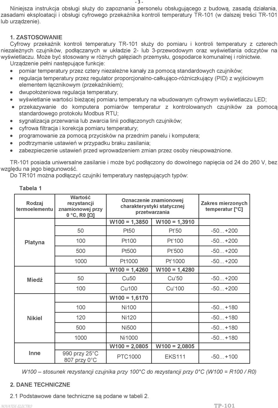 ZASTOSOWANIE Cyfrowy przekaźnik kontroli temperatury TR-101 służy do pomiaru i kontroli temperatury z czterech niezależnych czujników, podłączanych w układzie 2- lub 3-przewodowym oraz wyświetlania