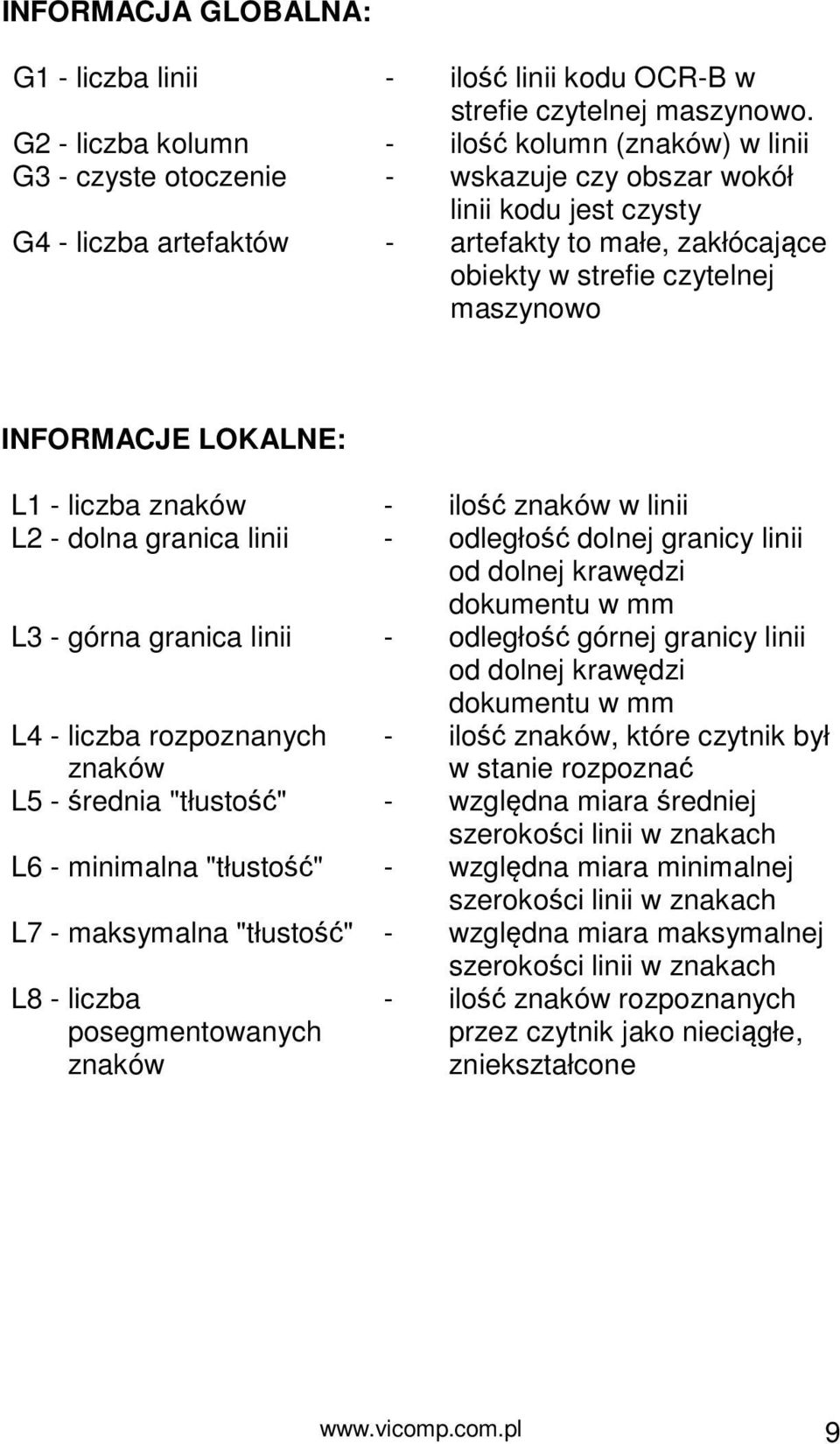 czytelnej maszynowo INFORMACJE LOKALNE: L1 - liczba znaków - ilość znaków w linii L2 - dolna granica linii - odległość dolnej granicy linii od dolnej krawędzi dokumentu w mm L3 - górna granica linii