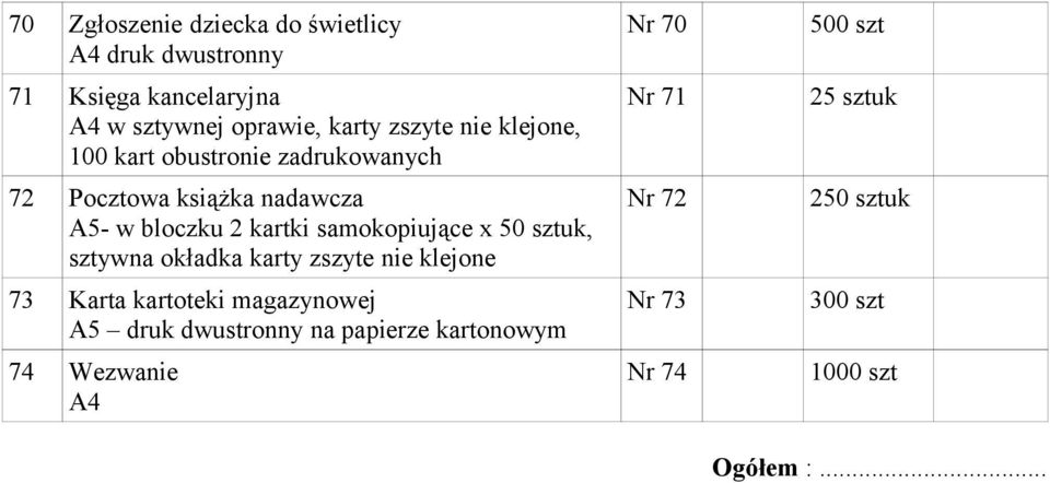 kartki samokopiujące x 50 sztuk, sztywna okładka karty zszyte nie klejone 73 Karta kartoteki magazynowej