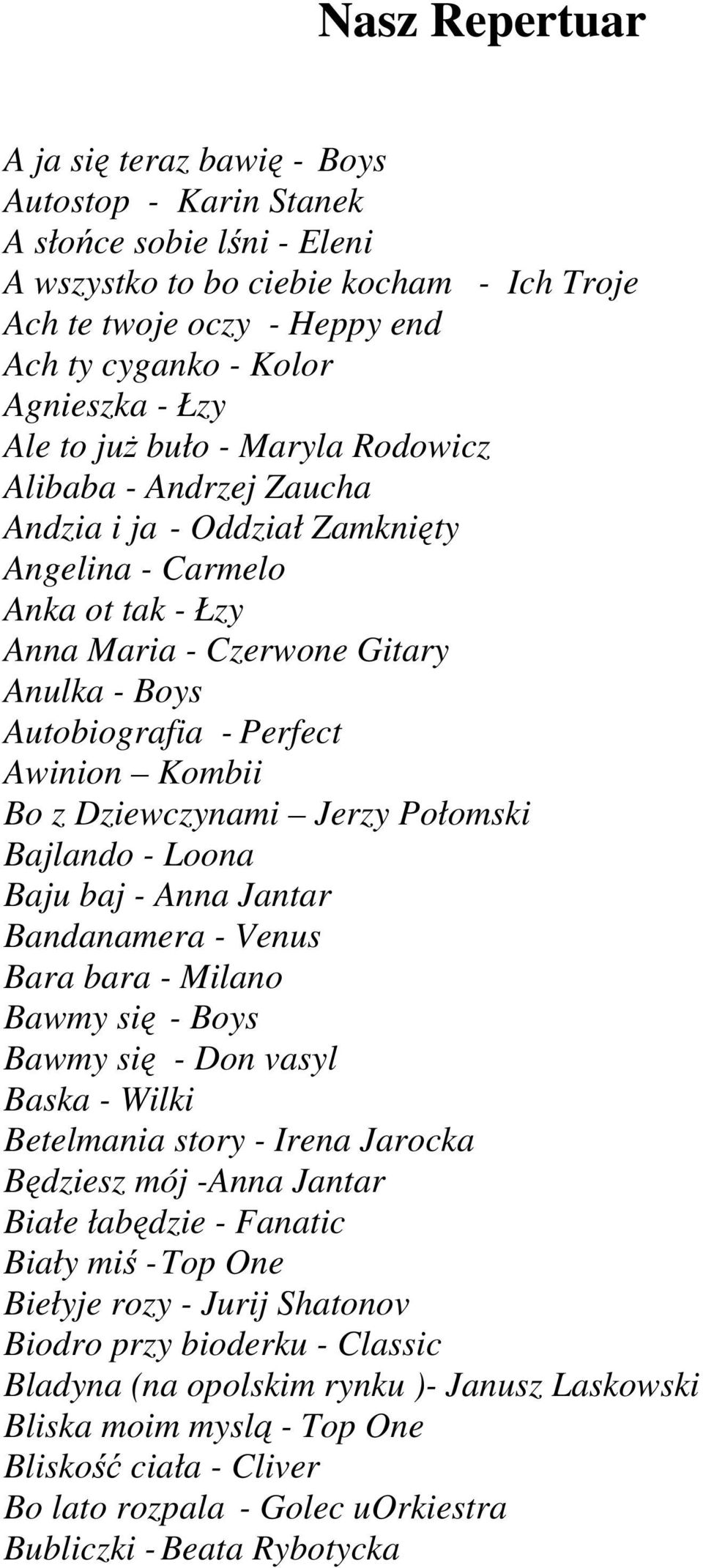 Autobiografia - Perfect Awinion Kombii Bo z Dziewczynami Jerzy Połomski Bajlando - Loona Baju baj - Anna Jantar Bandanamera - Venus Bara bara - Milano Bawmy się - Boys Bawmy się - Don vasyl Baska -