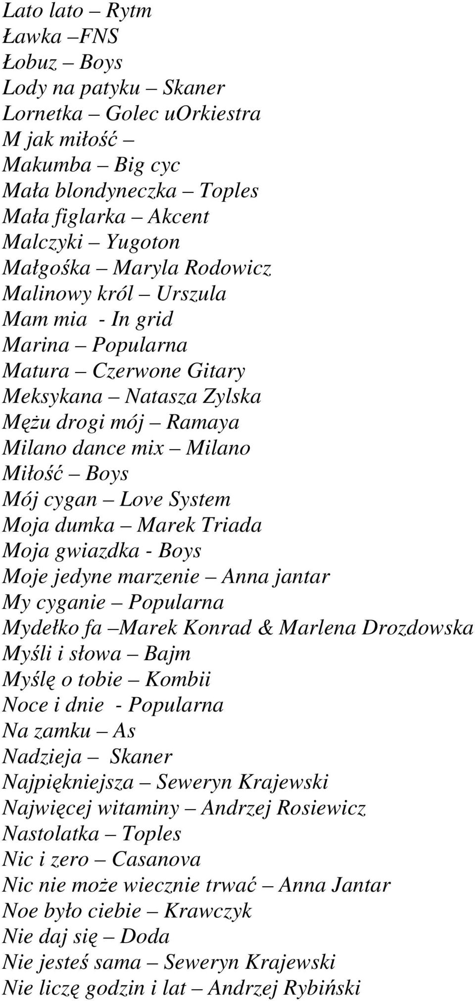dumka Marek Triada Moja gwiazdka - Boys Moje jedyne marzenie Anna jantar My cyganie Popularna Mydełko fa Marek Konrad & Marlena Drozdowska Myśli i słowa Bajm Myślę o tobie Kombii Noce i dnie -