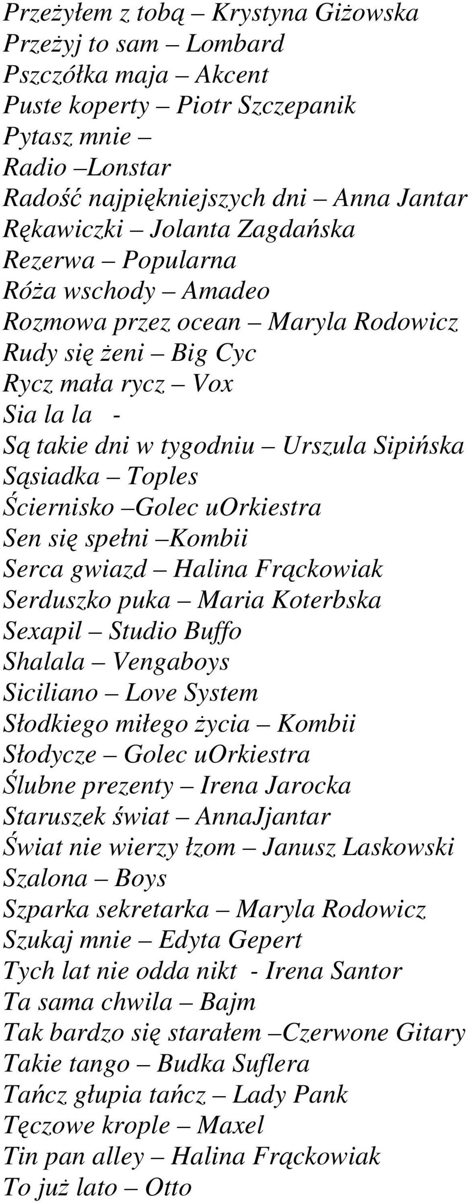 Ściernisko Golec uorkiestra Sen się spełni Kombii Serca gwiazd Halina Frąckowiak Serduszko puka Maria Koterbska Sexapil Studio Buffo Shalala Vengaboys Siciliano Love System Słodkiego miłego życia