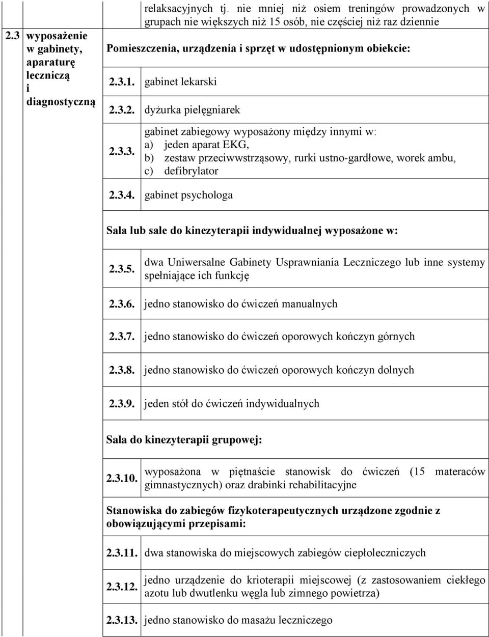 3.3. gabinet zabiegowy wyposażony między innymi w: a) jeden aparat EKG, b) zestaw przeciwwstrząsowy, rurki ustno-gardłowe, worek ambu, c) defibrylator 2.3.4.