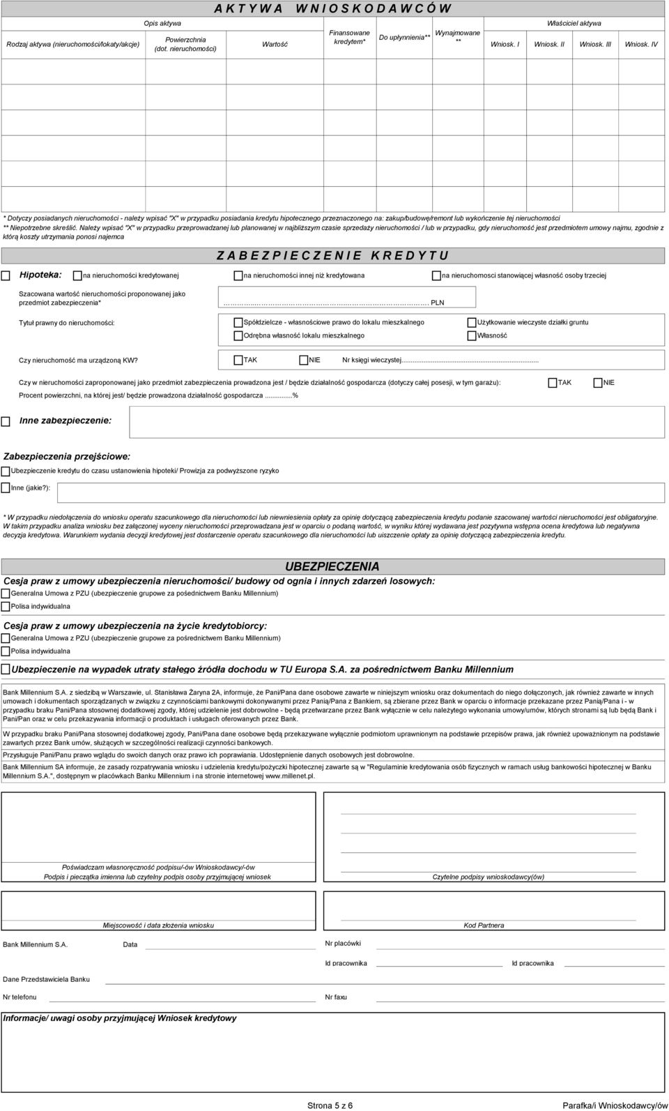 nieruchomości) * Dotyczy posiadanych nieruchomości - należy wpisać "X" w przypadku posiadania kredytu hipotecznego przeznaczonego na: zakup/buwę/remont lub wykończenie tej nieruchomości **