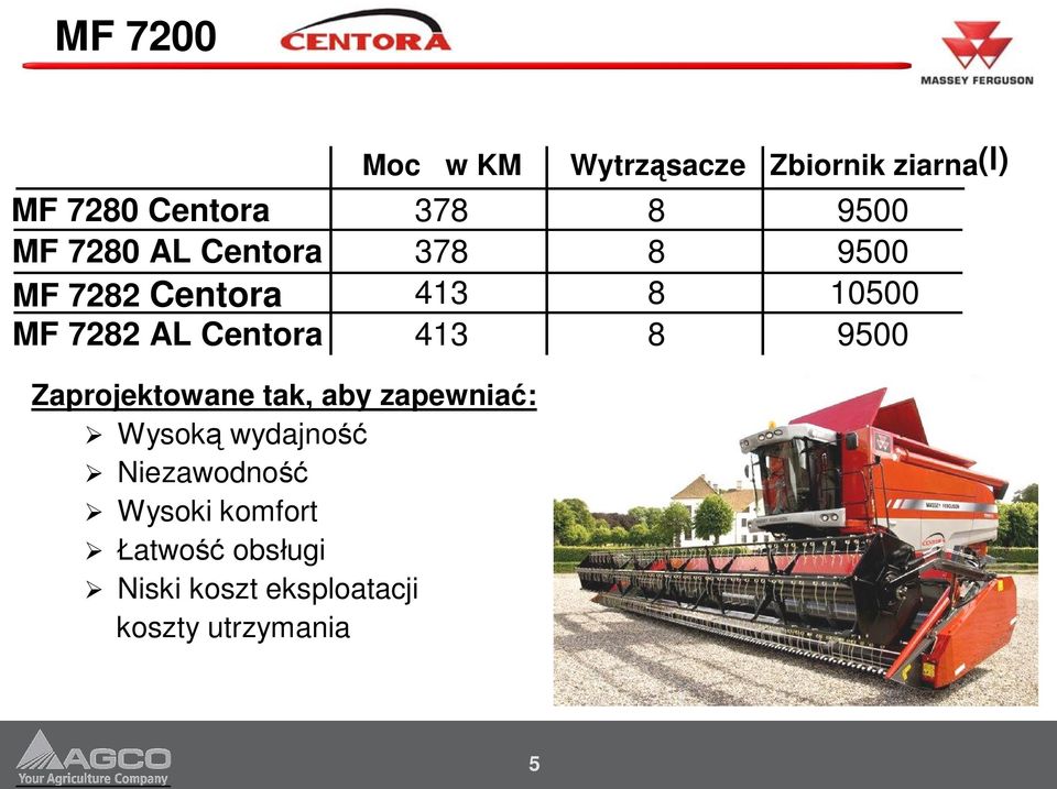 KM Wytrzsacze Zbiornik ziarna(l) MF 7280 Centora 378 8 9500 MF 7280 AL