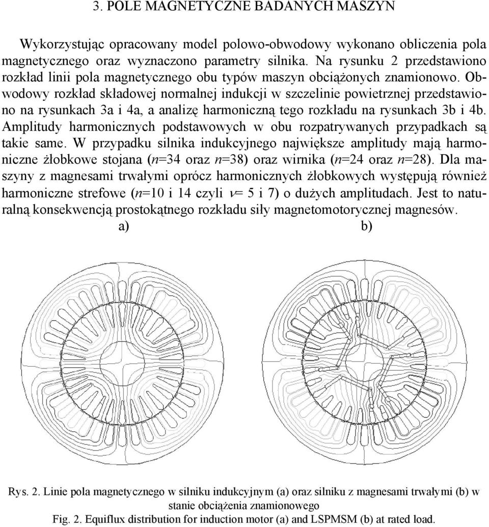 Obwodowy rozkład składowej normalnej indukcji w szczelinie powietrznej przedstawiono na rysunkach 3a i 4a, a analizę harmoniczną tego rozkładu na rysunkach 3b i 4b.