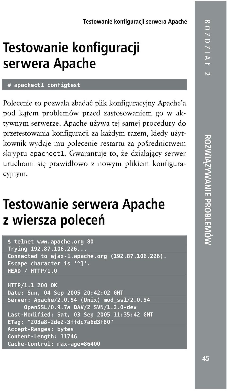 Gwarantuje to, że działający serwer uruchomi się prawidłowo z nowym plikiem konfiguracyjnym. Testowanie serwera Apache z wiersza poleceń $ telnet www.apache.org 80 Trying 192.87.106.226.