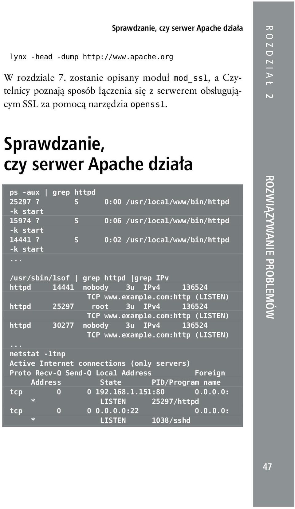 ROZDZIAŁ 2 Sprawdzanie, czy serwer Apache działa ps -aux grep httpd 25297? S 0:00 /usr/local/www/bin/httpd -k start 15974? S 0:06 /usr/local/www/bin/httpd -k start 14441?