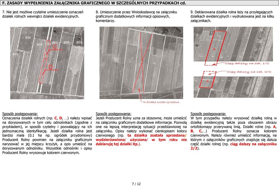 Deklarowana działka rolna leży na przylegających działkach ewidencyjnych i wydrukowana jest na kilku załącznikach. Oznaczenia działek rolnych (np.