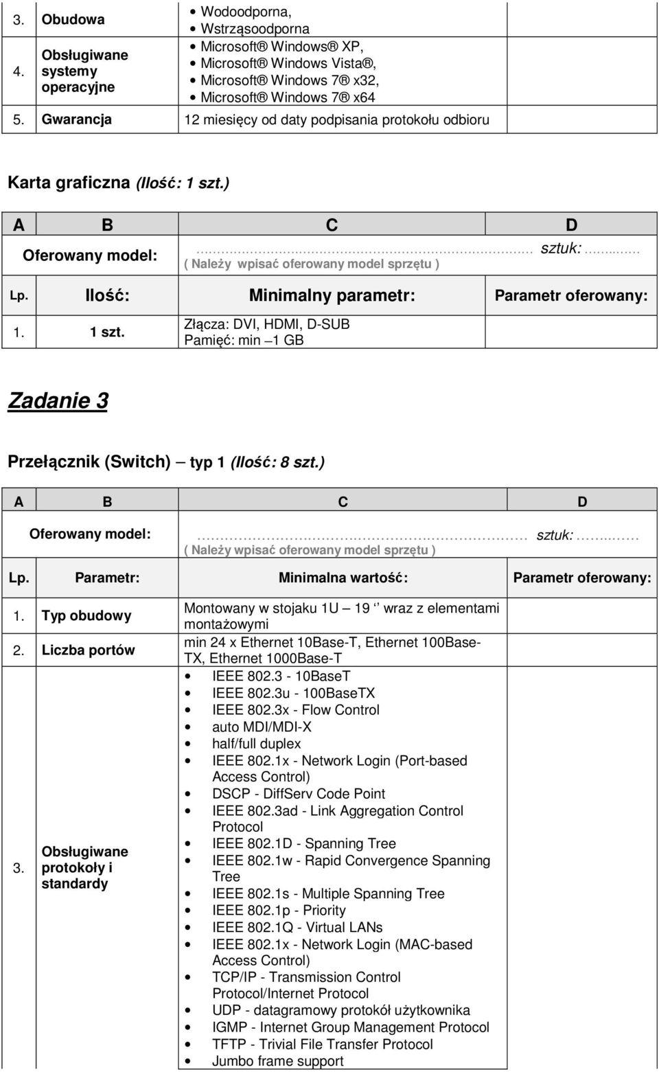 )... sztuk:.. Lp. : Minimalna wartość: 1. Typ obudowy 2. Liczba portów 3.