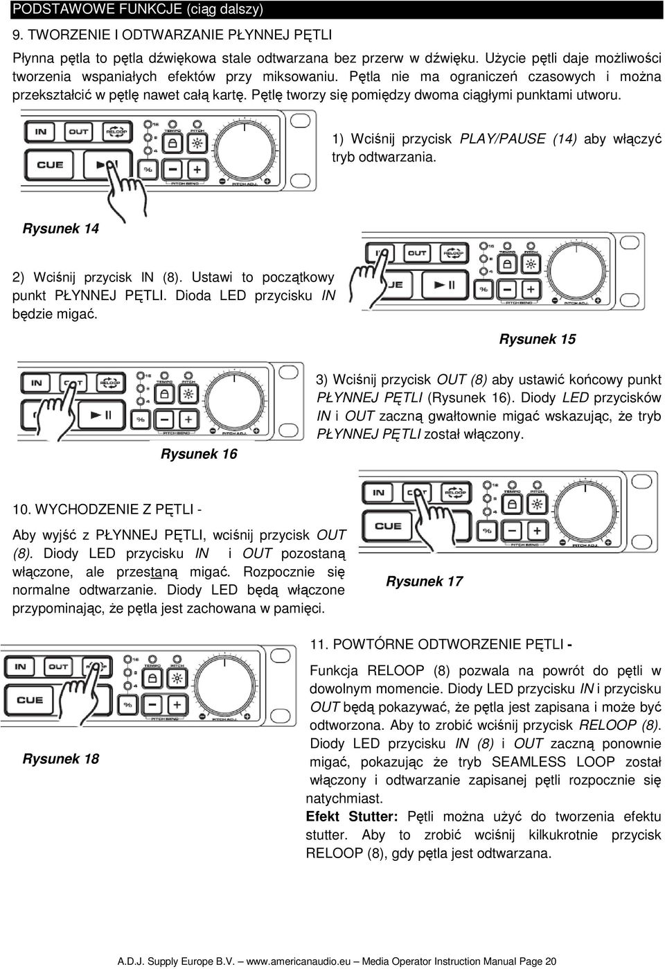 Pętlę tworzy się pomiędzy dwoma ciągłymi punktami utworu. 1) Wciśnij przycisk PLAY/PAUSE (14) aby włączyć tryb odtwarzania. Rysunek 14 2) Wciśnij przycisk IN (8).