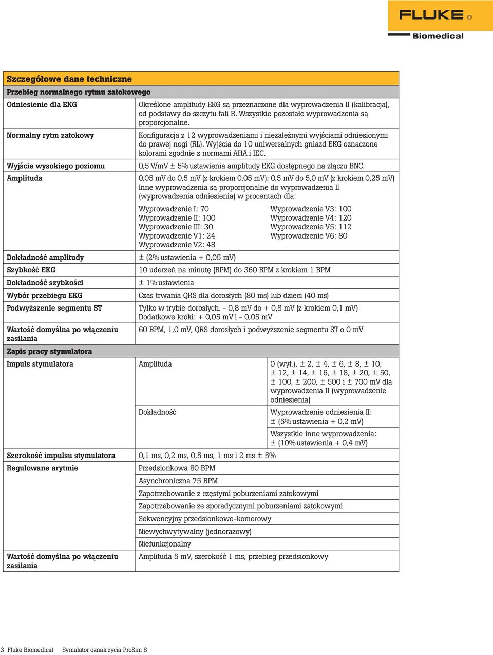 Wyjścia do 10 uniwersalnych gniazd EKG oznaczone kolorami zgodnie z normami AHA i IEC. Wyjście wysokiego poziomu 0,5 V/mV ± 5% ustawienia amplitudy EKG dostępnego na złączu BNC.
