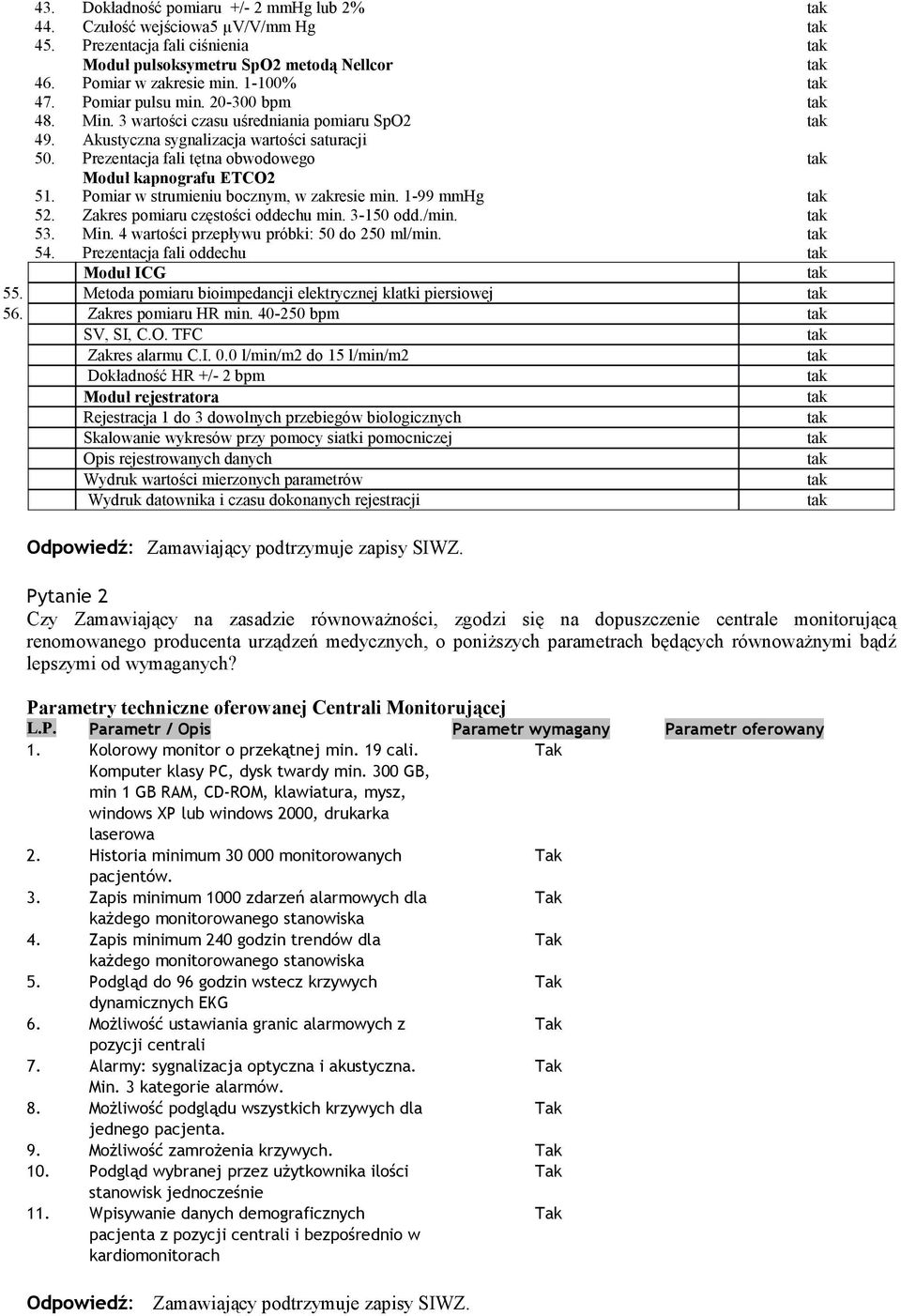 Pomiar w strumieniu bocznym, w zakresie min. 1-99 mmhg 52. Zakres pomiaru częstości oddechu min. 3-150 odd./min. 53. Min. 4 wartości przepływu próbki: 50 do 250 ml/min. 54.