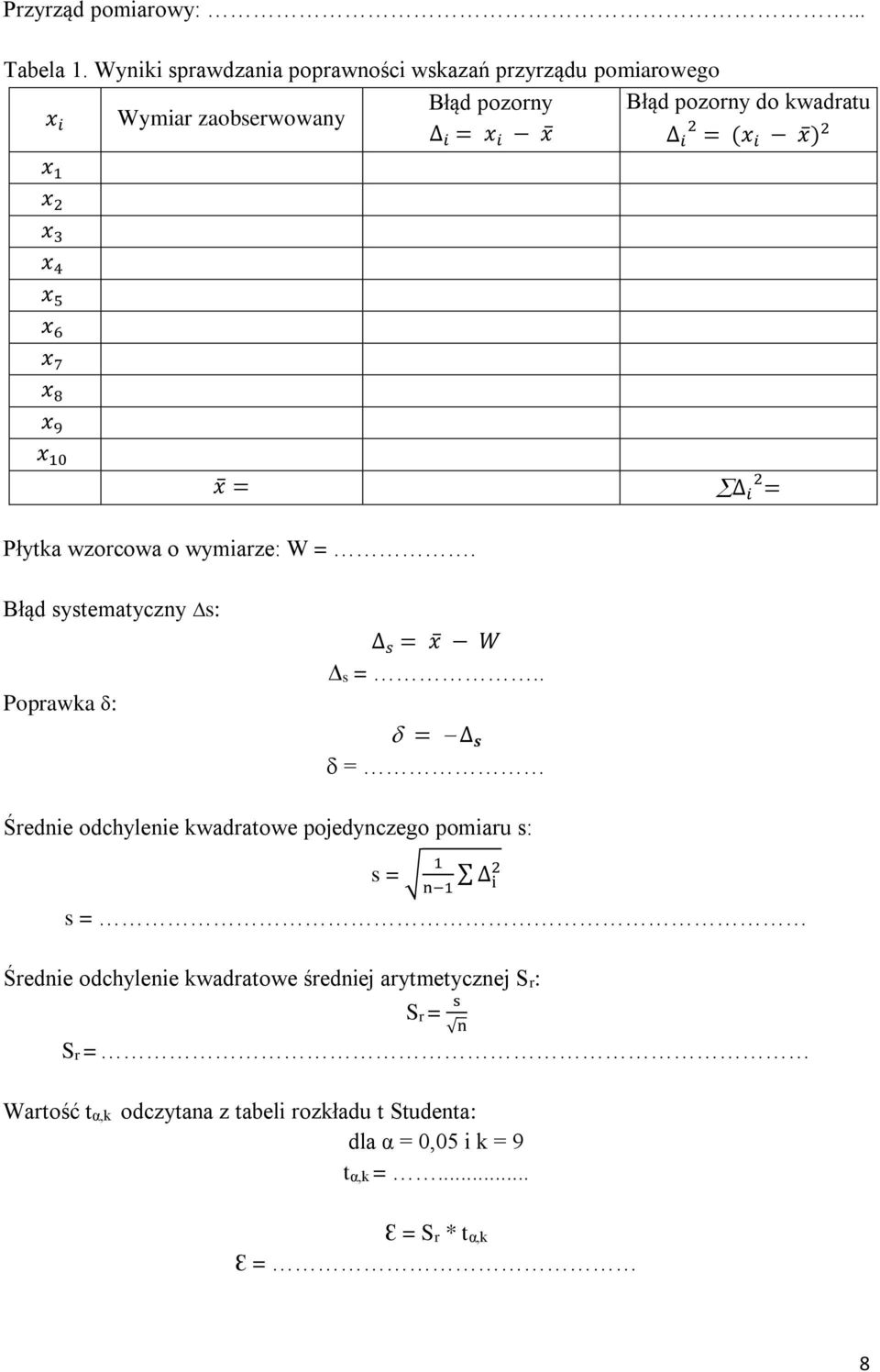 (x i x ) 2 x 1 x 2 x 3 x 4 x 5 x 6 x 7 x 8 x 9 x 10 x = i 2 = Płytka wzorcowa o wymiarze: W =. Błąd systematyczny s: Poprawka : s = x W s =.