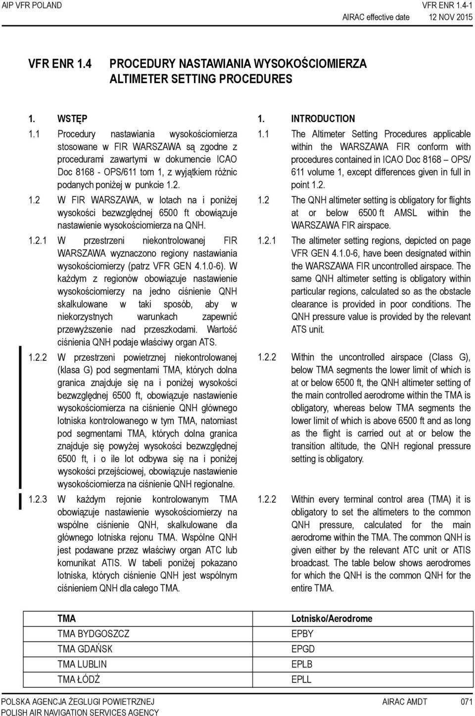 z wyjątkiem różnic podanych poniżej w punkcie 1.2. 1.2 W FIR WARSZAWA, w lotach na i poniżej wysokości bezwzględnej 6500 ft obowiązuje nastawienie wysokościomierza na QNH. 1.2.1 W przestrzeni niekontrolowanej FIR WARSZAWA wyznaczono regiony nastawiania wysokościomierzy (patrz VFR GEN 4.