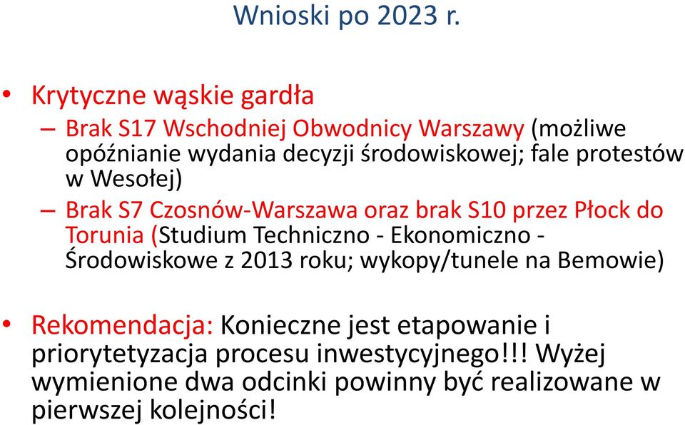 fale protestów w Wesołej) Brak S7 Czosnów-Warszawa oraz brak S10 przez Płock do Torunia (Studium Techniczno -