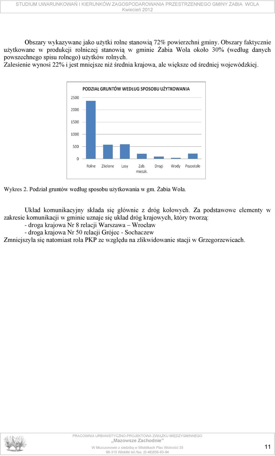 Zalesienie wynosi 22% i jest mniejsze niż średnia krajowa, ale większe od średniej wojewódzkiej. Wykres 2. Podział gruntów według sposobu użytkowania w gm. Żabia Wola.