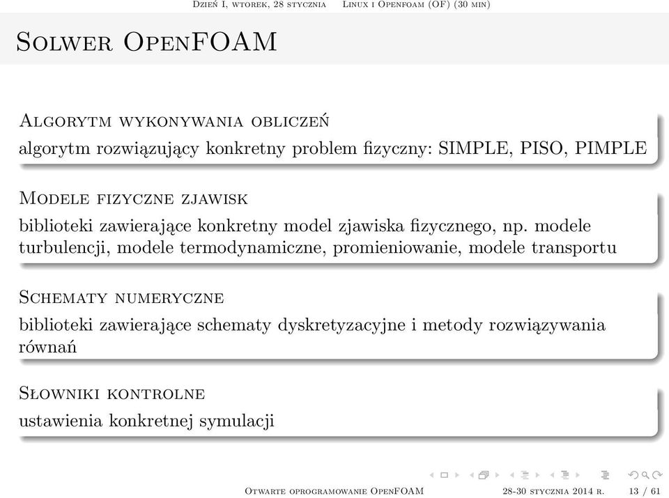 modele turbulencji, modele termodynamiczne, promieniowanie, modele transportu Schematy numeryczne biblioteki zawierające