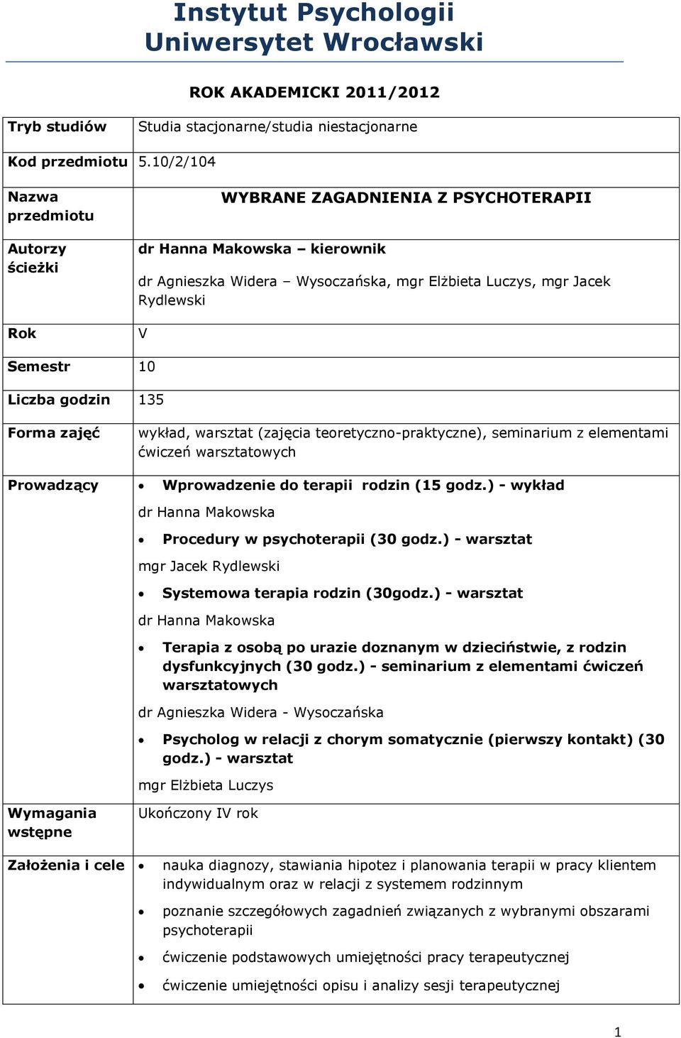 135 Forma zajęć wykład, warsztat (zajęcia teoretyczno-praktyczne), seminarium z elementami ćwiczeń warsztatowych Prowadzący Wprowadzenie do terapii rodzin (15 godz.