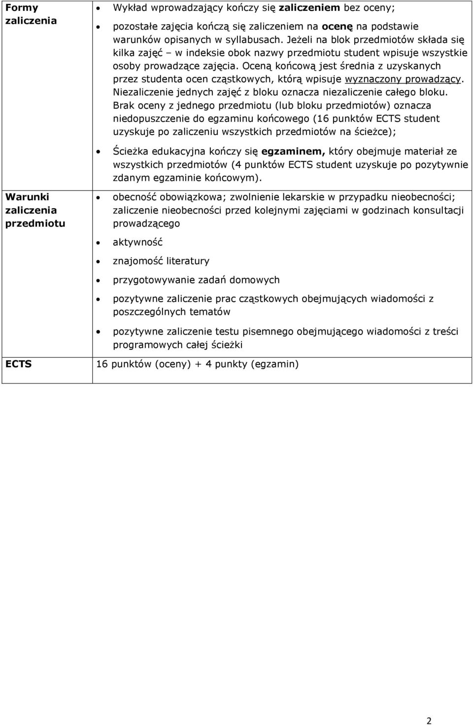 Oceną końcową jest średnia z uzyskanych przez studenta ocen cząstkowych, którą wpisuje wyznaczony prowadzący. Niezaliczenie jednych zajęć z bloku oznacza niezaliczenie całego bloku.