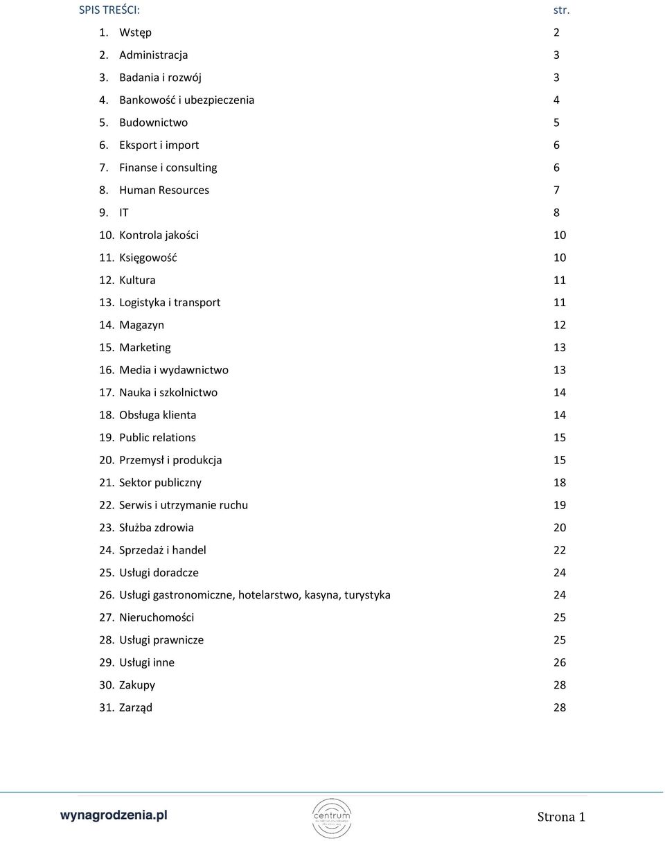 Nauka i szkolnictwo 14 18. Obsługa klienta 14 19. Public relations 15 20. Przemysł i produkcja 15 21. Sektor publiczny 18 22. Serwis i utrzymanie ruchu 19 23. Służba zdrowia 20 24.