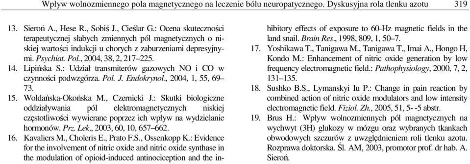 : Udział transmiterów gazowych NO i CO w czynności podwzgórza. Pol. J. Endokrynol., 2004, 1, 55, 69 73. 15. Woldańska-Okońska M., Czernicki J.
