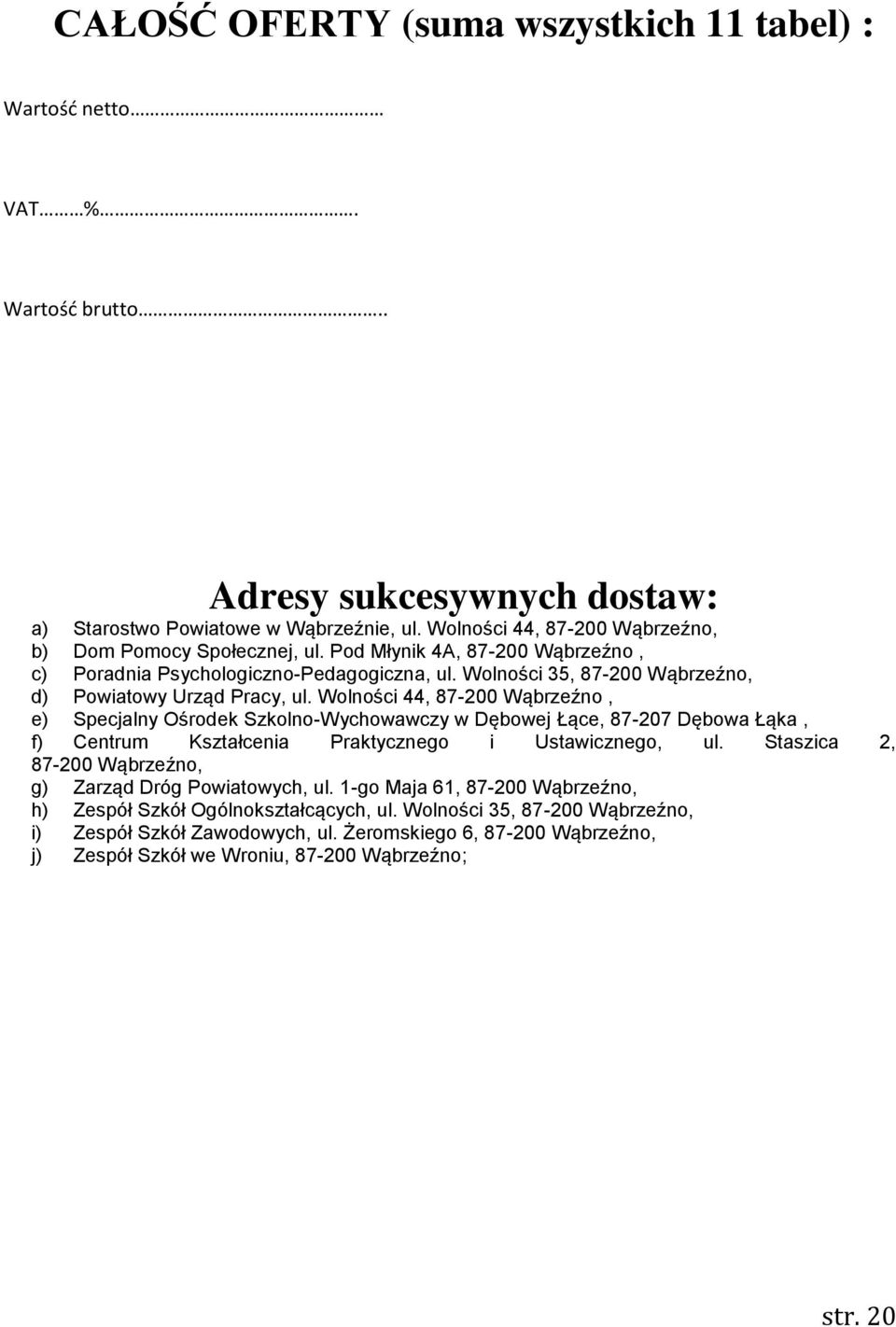 Wolności 44, 87-200 Wąbrzeźno, e) Specjalny Ośrodek Szkolno-Wychowawczy w Dębowej Łące, 87-207 Dębowa Łąka, f) Centrum Kształcenia Praktycznego i Ustawicznego, ul.