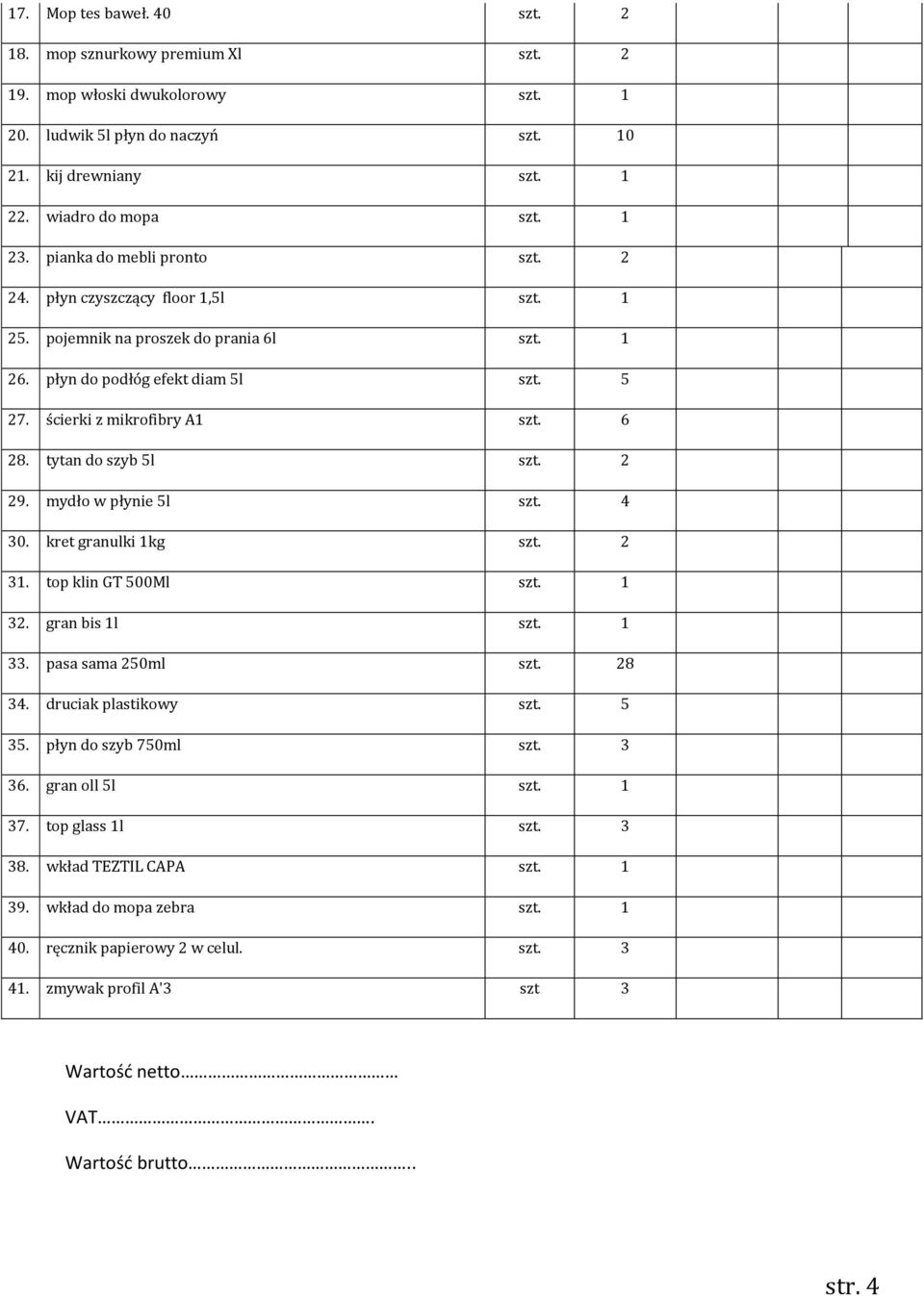 tytan do szyb 5l szt. 2 29. mydło w płynie 5l szt. 4 30. kret granulki 1kg szt. 2 31. top klin GT 500Ml szt. 1 32. gran bis 1l szt. 1 33. pasa sama 250ml szt. 28 34. druciak plastikowy szt. 5 35.