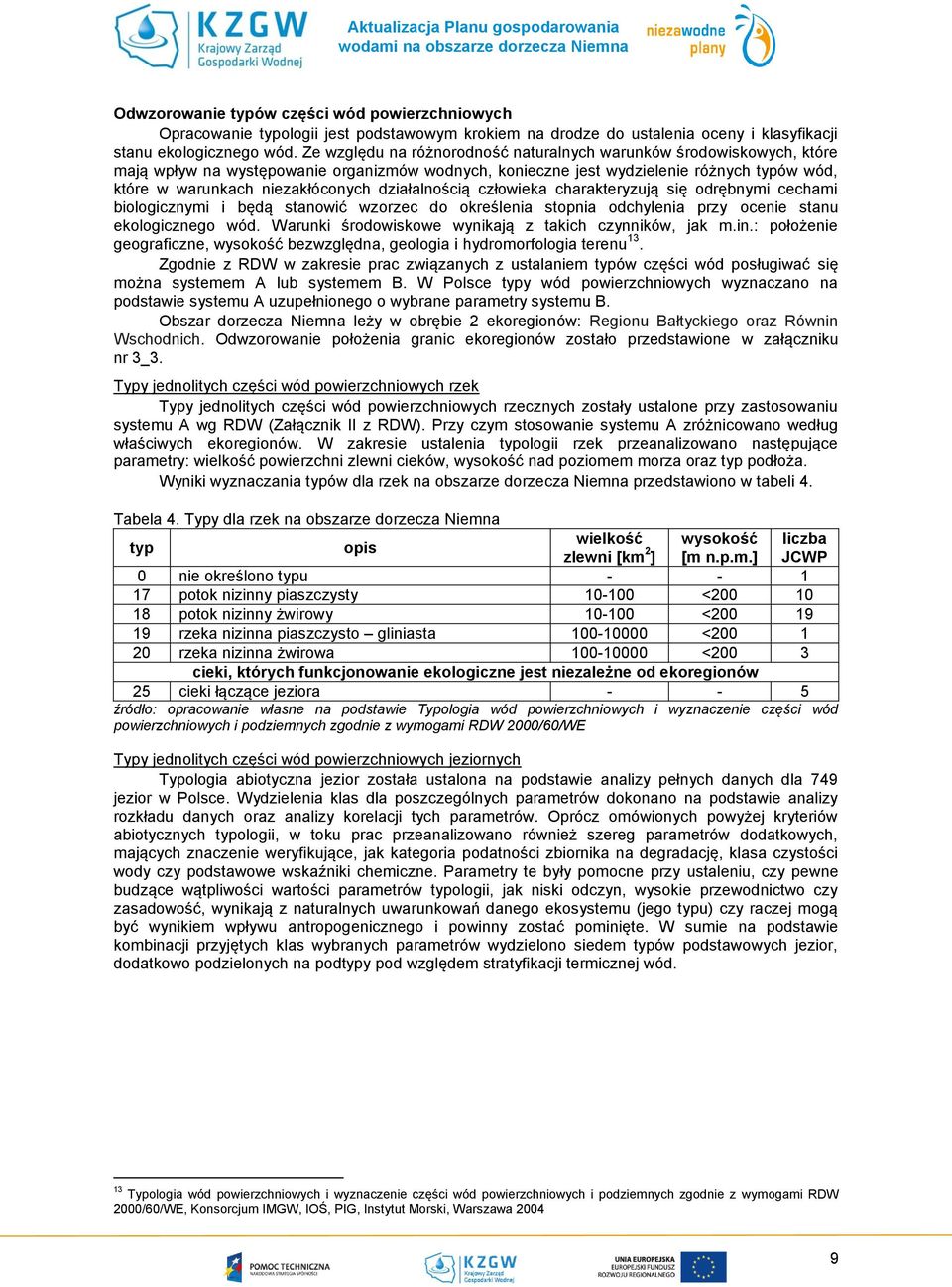 działalnością człowieka charakteryzują się odrębnymi cechami biologicznymi i będą stanowić wzorzec do określenia stopnia odchylenia przy ocenie stanu ekologicznego wód.