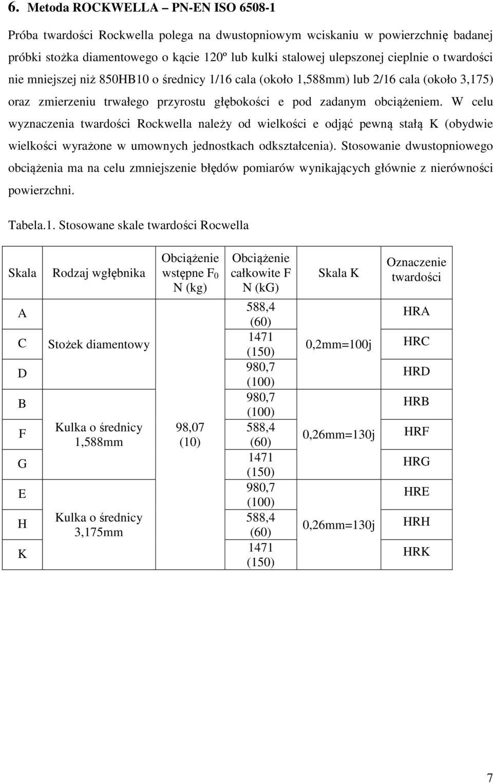 W celu wyznaczenia twardości Rockwella należy od wielkości e odjąć pewną stałą K (obydwie wielkości wyrażone w umownych jednostkach odkształcenia).