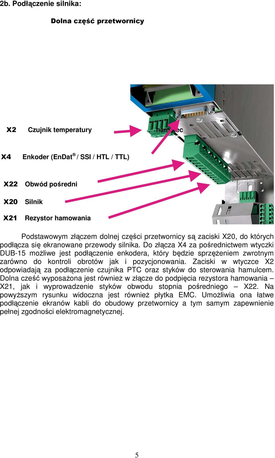 Do złącza X4 za pośrednictwem wtyczki DUB-15 moŝliwe jest podłączenie enkodera, który będzie sprzęŝeniem zwrotnym zarówno do kontroli obrotów jak i pozycjonowania.