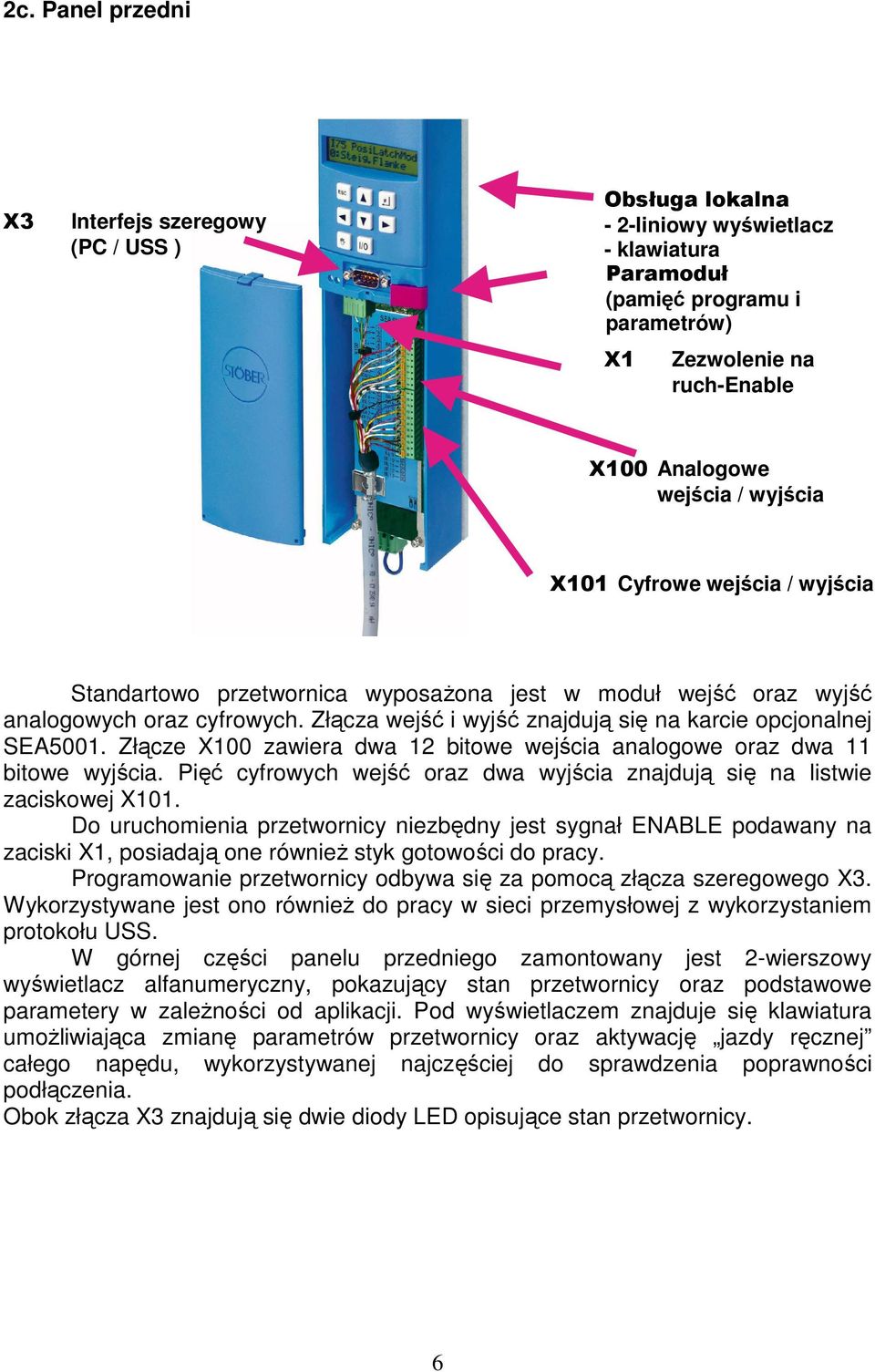 Złącze X100 zawiera dwa 12 bitowe wejścia analogowe oraz dwa 11 bitowe wyjścia. Pięć cyfrowych wejść oraz dwa wyjścia znajdują się na listwie zaciskowej X101.