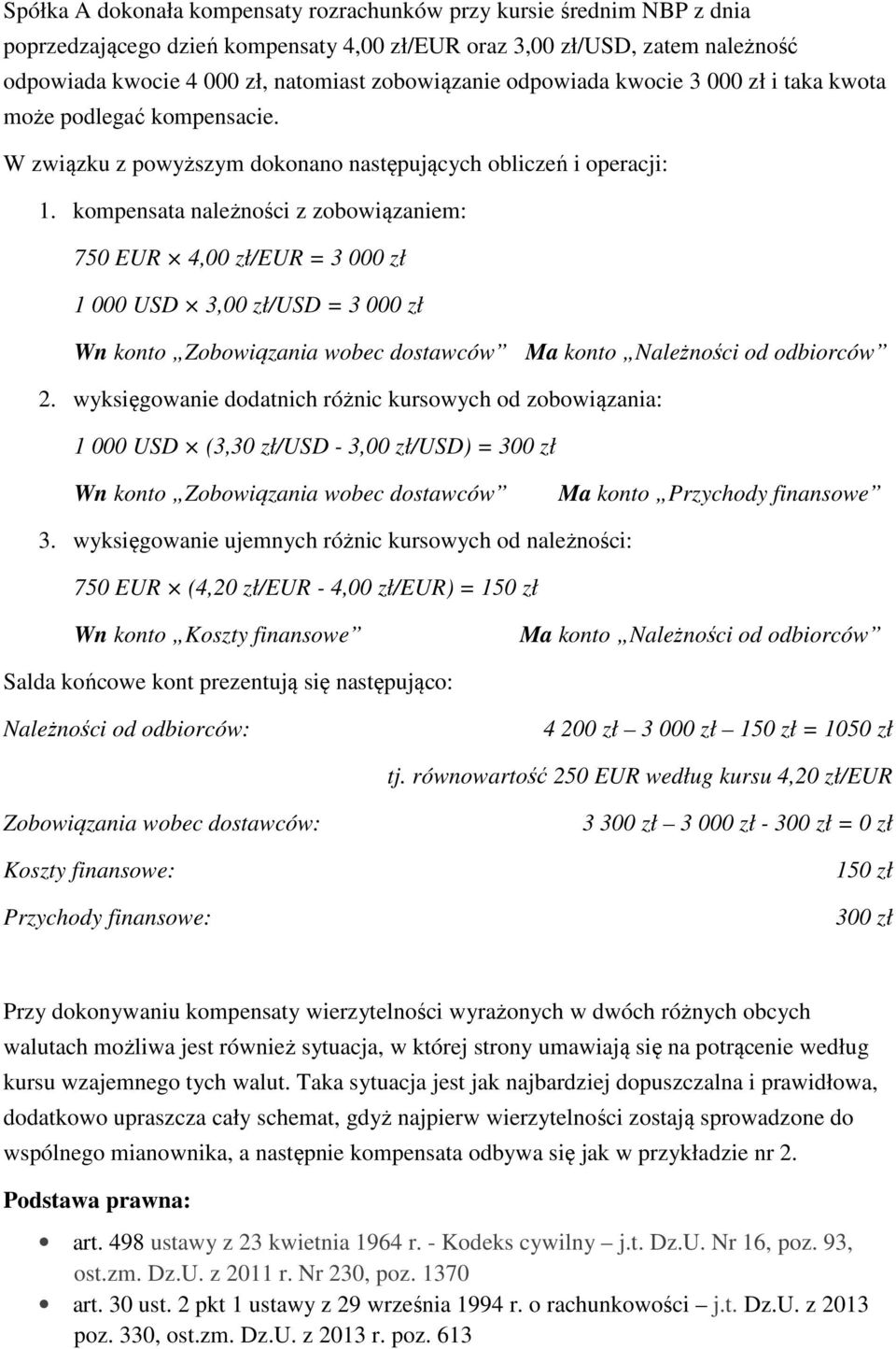 kompensata należności z zobowiązaniem: 750 EUR 4,00 zł/eur = 3 000 zł 1 000 USD 3,00 zł/usd = 3 000 zł Wn konto Zobowiązania wobec dostawców Ma konto Należności od odbiorców 2.