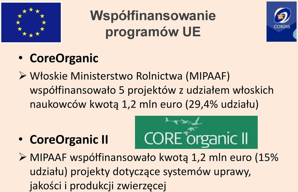 mln euro (29,4% udziału) CoreOrganic II MIPAAF współfinansowało kwotą 1,2 mln