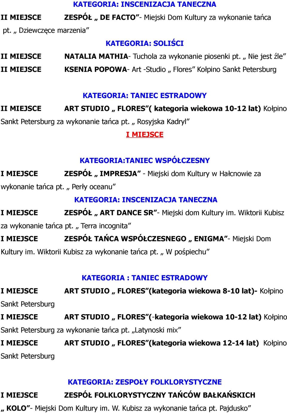 wykonanie tańca pt. Rosyjska Kadryl I MIEJSCE KATEGORIA:TANIEC WSPÓŁCZESNY I MIEJSCE ZESPÓŁ IMPRESJA - Miejski dom Kultury w Hałcnowie za wykonanie tańca pt.