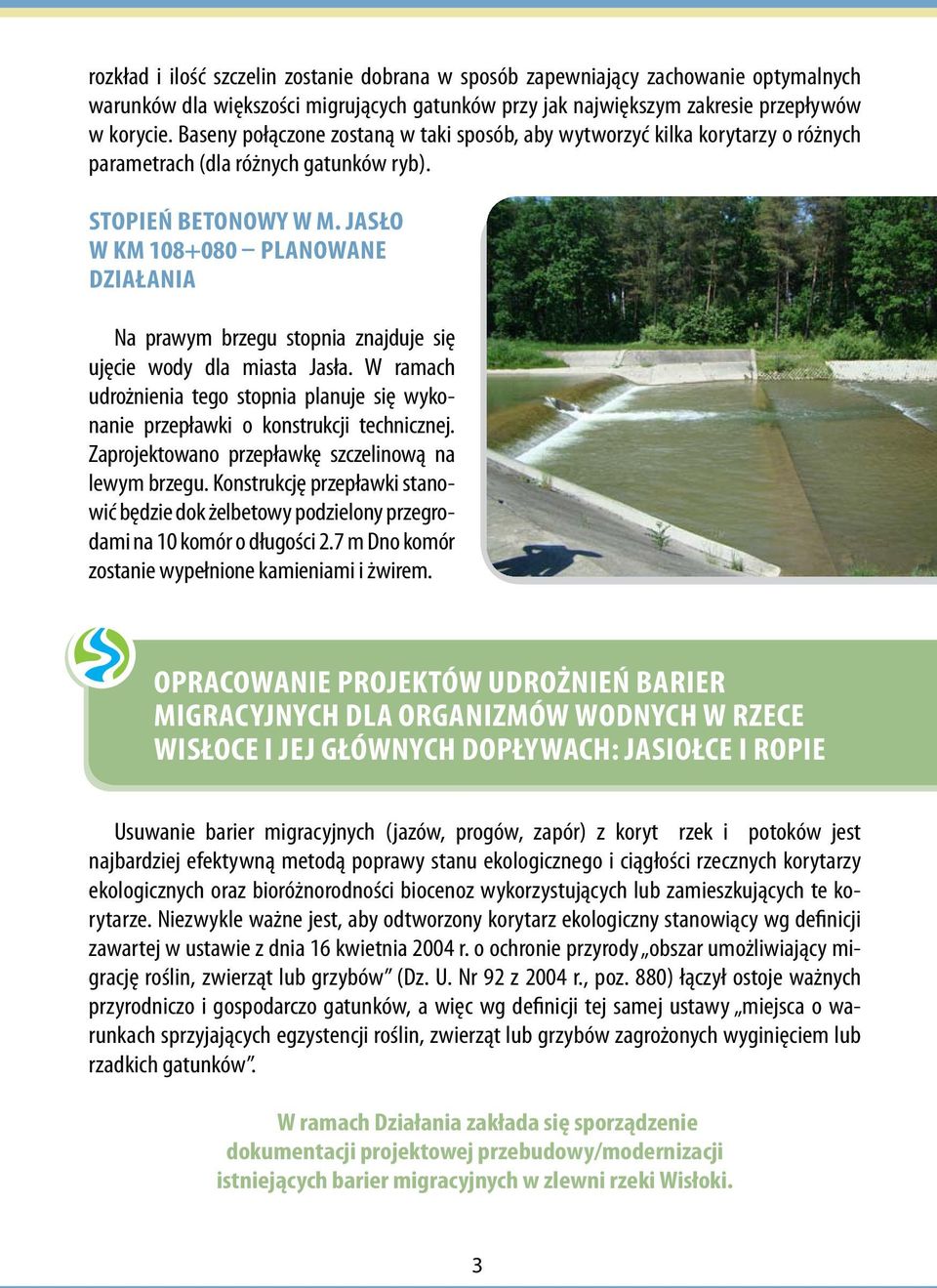 Jasło w km 108+080 planowane działania Na prawym brzegu stopnia znajduje się ujęcie wody dla miasta Jasła. W ramach udrożnienia tego stopnia planuje się wykonanie przepławki o konstrukcji technicznej.