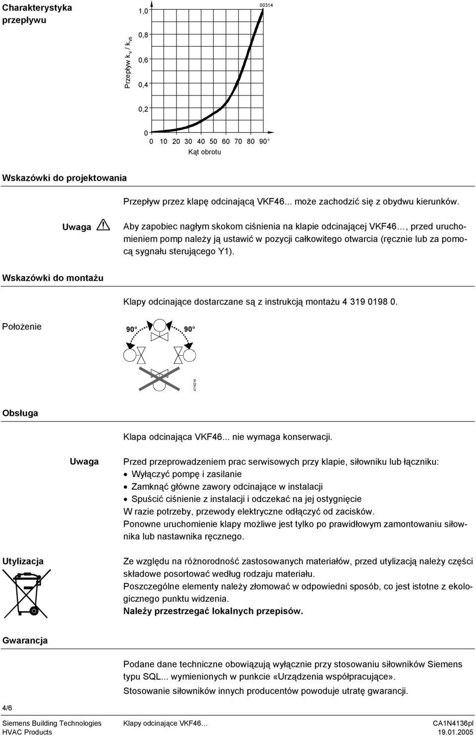 Uwaga Aby zapobiec nagłym skokom ciśnienia na klapie odcinającej VKF46, przed uruchomieniem pomp należy ją ustawić w pozycji całkowitego otwarcia (ręcznie lub za pomocą sygnału sterującego Y1).