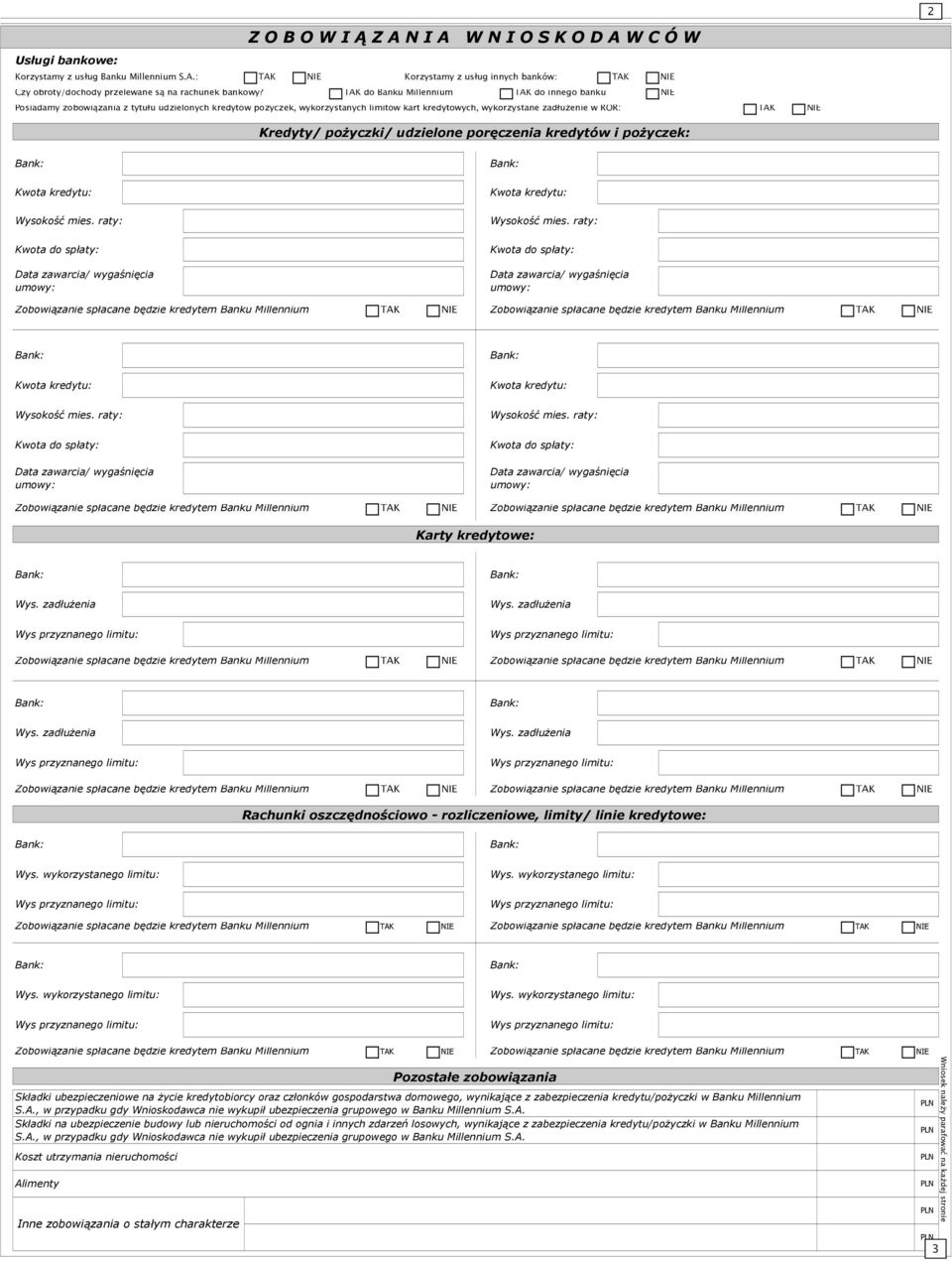 pożyczki/ udzielone poręczenia kredytów i pożyczek: Karty kredytowe: Rachunki oszczędnościowo - rozliczeniowe, limity/ linie kredytowe: Pozostałe zobowiązania Składki ubezpieczeniowe na życie