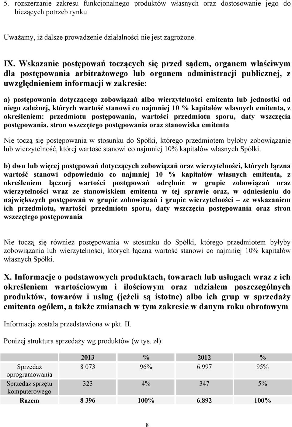 dotyczącego zobowiązań albo wierzytelności emitenta lub jednostki od niego zależnej, których wartość stanowi co najmniej 10 % kapitałów własnych emitenta, z określeniem: przedmiotu postępowania,