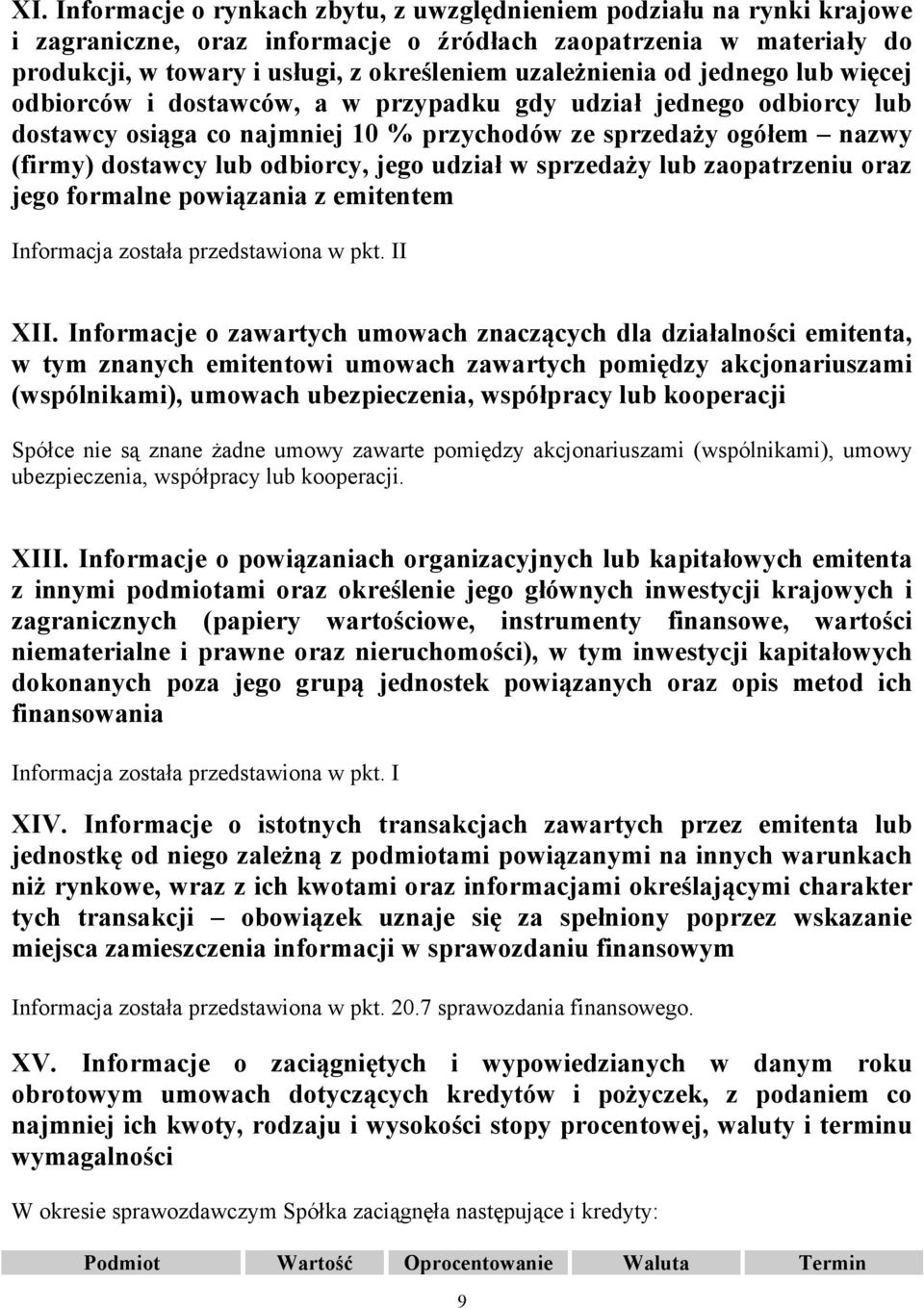 odbiorcy, jego udział w sprzedaży lub zaopatrzeniu oraz jego formalne powiązania z emitentem Informacja została przedstawiona w pkt. II XII.