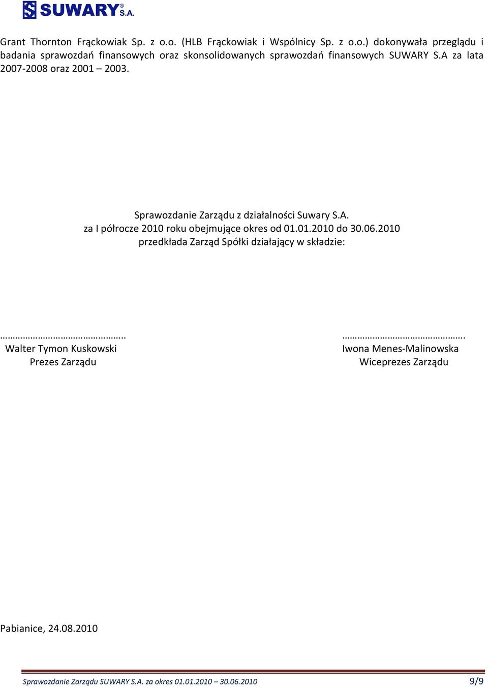 06.2040 przedkłada Zarząd Spółki działający w składzie:.. Walter Tymon Kuskowski Prezes Zarządu.