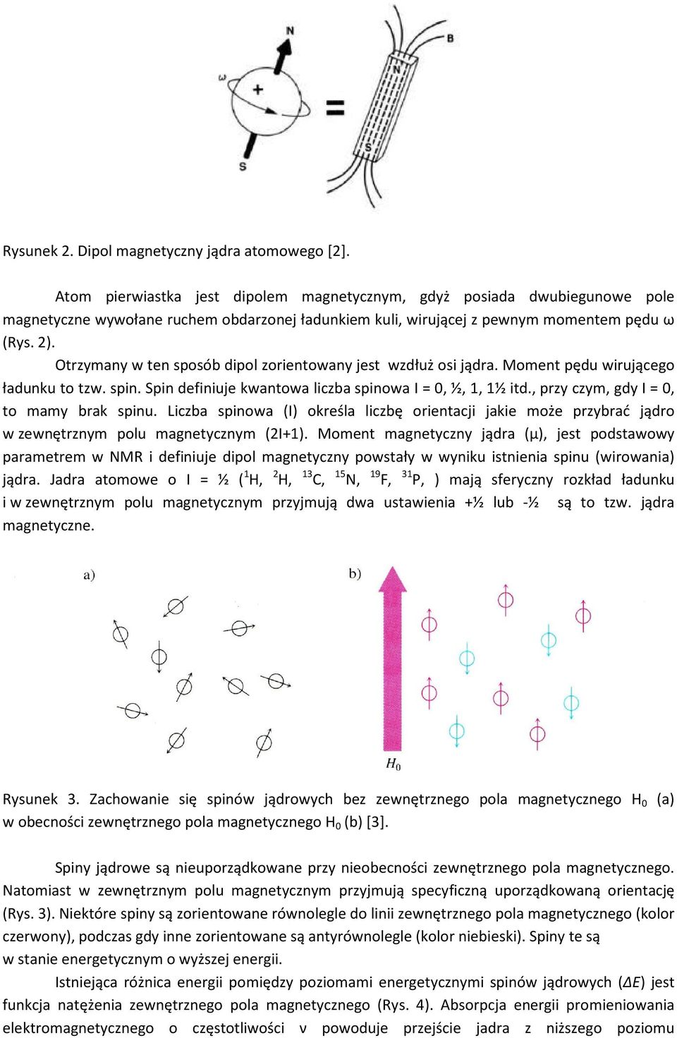 Otrzymany w ten sposób dipol zorientowany jest wzdłuż osi jądra. Moment pędu wirującego ładunku to tzw. spin. Spin definiuje kwantowa liczba spinowa I = 0, ½, 1, 1½ itd.