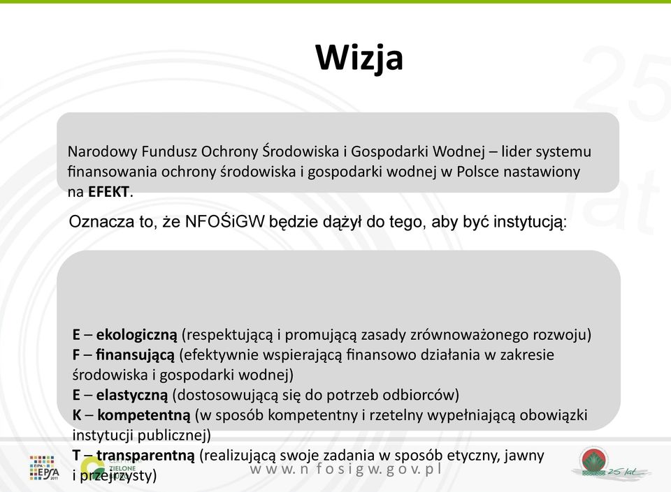 Oznacza to, że NFOŚiGW będzie dążył do tego, aby być instytucją: E ekologiczną (respektującą i promującą zasady zrównoważonego rozwoju) F finansującą