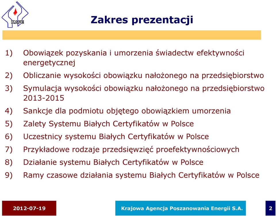 Systemu Białych Certyfikatów w Polsce 6) Uczestnicy systemu Białych Certyfikatów w Polsce 7) Przykładowe rodzaje przedsięwzięć proefektywnościowych 8)