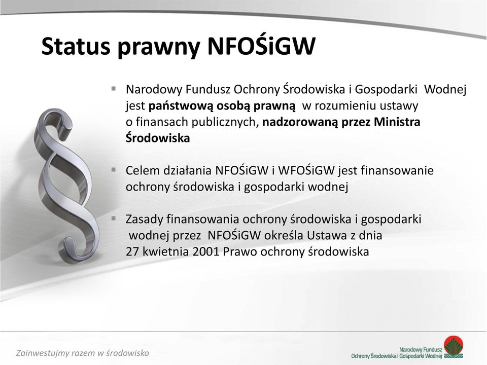 działania NFOŚiGW i WFOŚiGW jest finansowanie ochrony środowiska i gospodarki wodnej Zasady