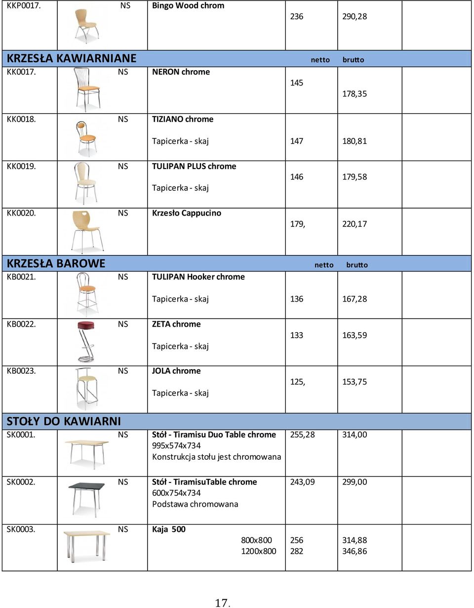 NS TULIPAN Hooker chrome Tapicerka - skaj 136 167,28 KB0022. NS ZETA chrome Tapicerka - skaj KB0023. NS JOLA chrome Tapicerka - skaj STOŁY DO KAWIARNI SK0001.