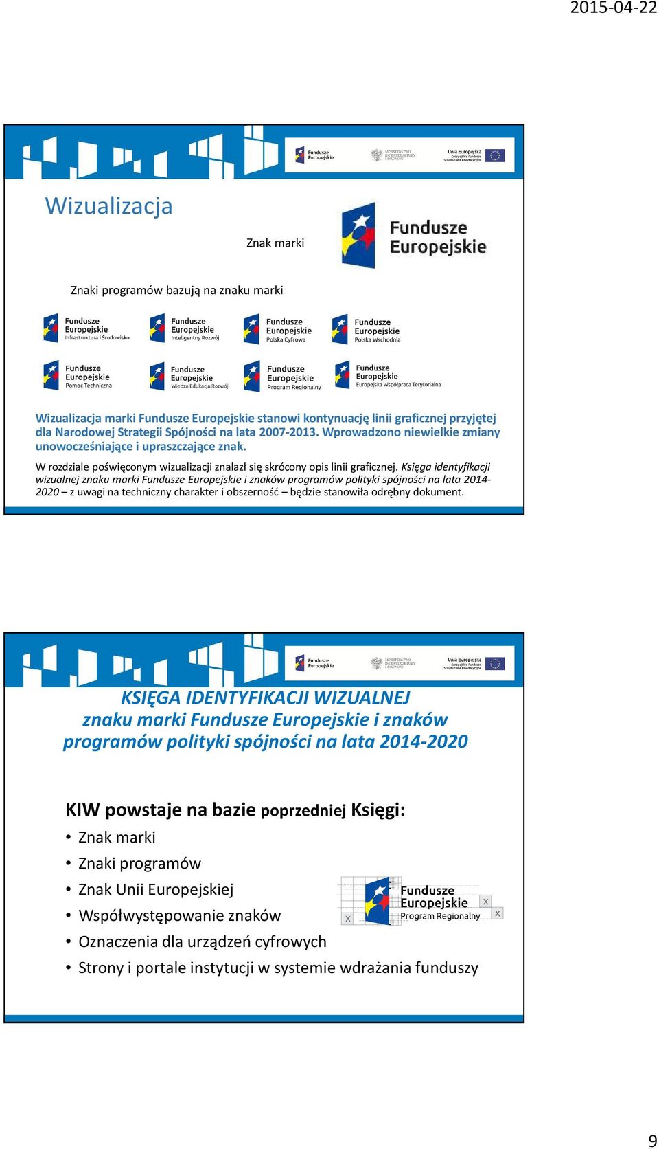 Księga identyfikacji wizualnej znaku marki Fundusze Europejskie i znaków programów polityki spójności na lata 2014-2020 z uwagi na techniczny charakter i obszerność będzie stanowiła odrębny dokument.